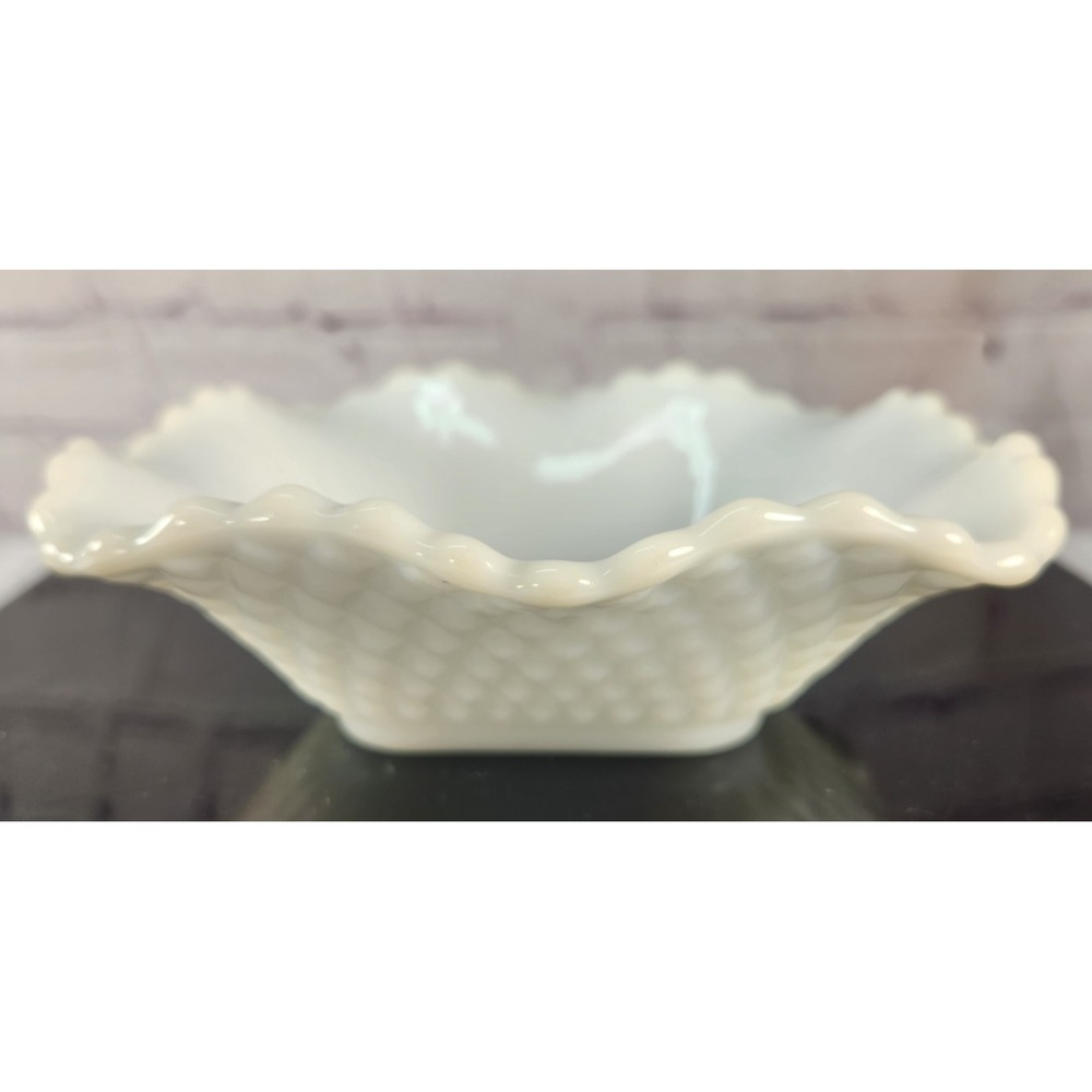Vintage White Milk Glass Diamond Point Ruffled Edge Bowl Candy Dish Serving Dish